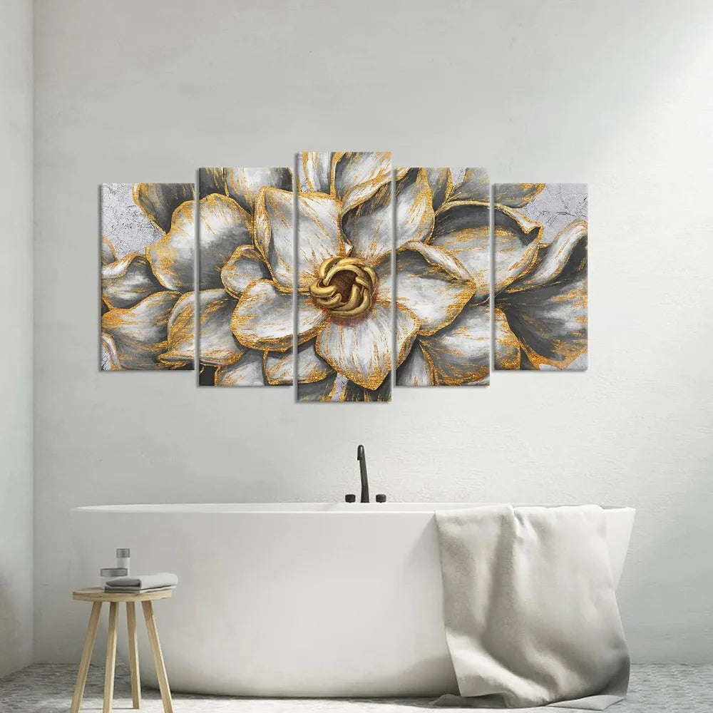 Livingroom Painting Gold Gray Flowers Vintage Abstract Elegant Print Decor Home