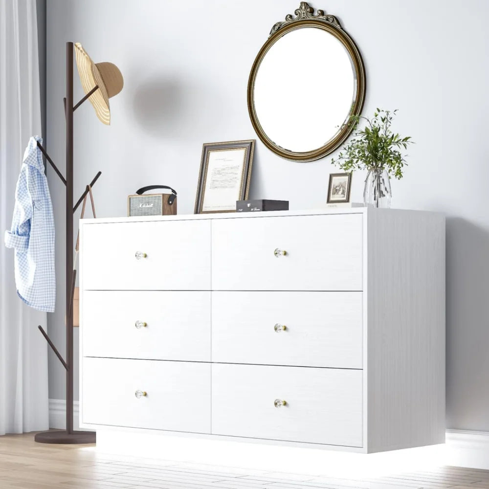 White LED 6 Drawer Modern Dresser with Diamond Handles