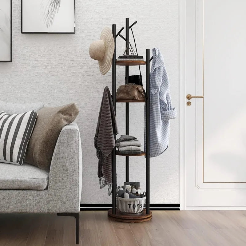 Rotary Coat Rack Freestanding Metal Stand with 4 Tiers Storage Display Shelf and 9 Hooks