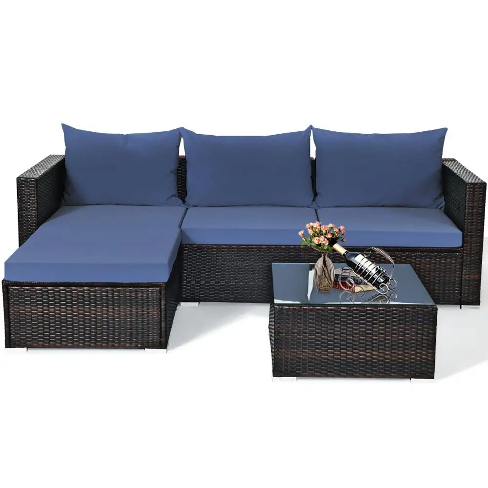 5PCS Patio Rattan Furniture Set Sectional Conversation Sofa w/ Coffee Table HW66521