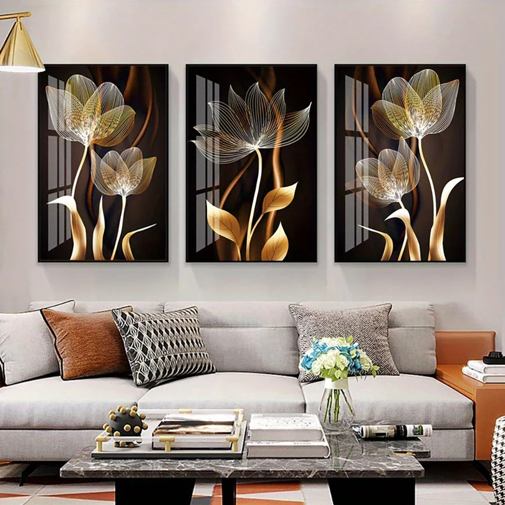 3PCS Black and Golden Flower Wall Art Canvas Painting for Living Room