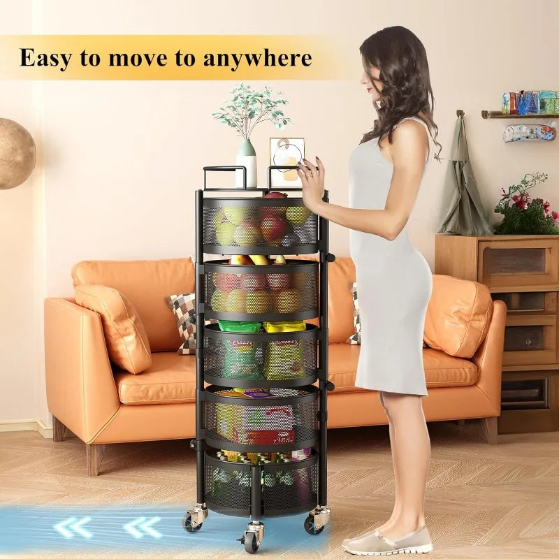 5 Tier Rotating Storage Rack Wire Basket Organizer on Wheels, Large, Black