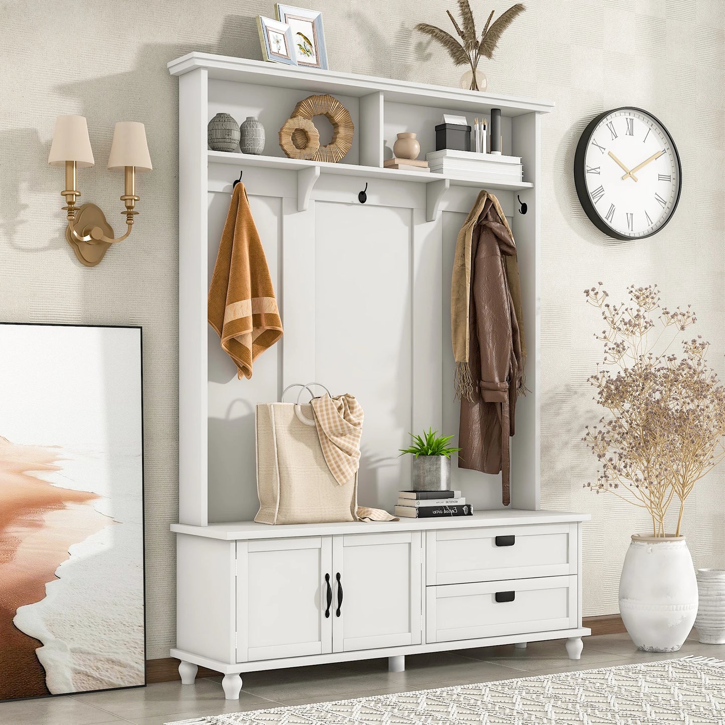 Modern Style Storage Cabinet and 2 Large Drawers, Widen bench with 5 Coat Hooks