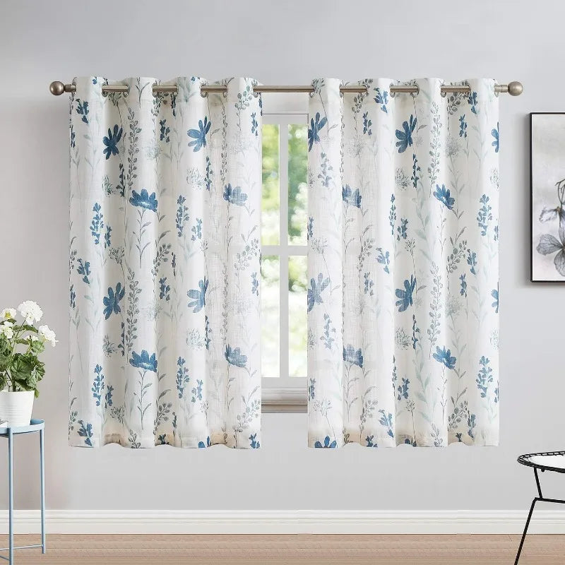 Printed Sheer Curtains Farmhouse Style Window Panel Drapes Set Grommet