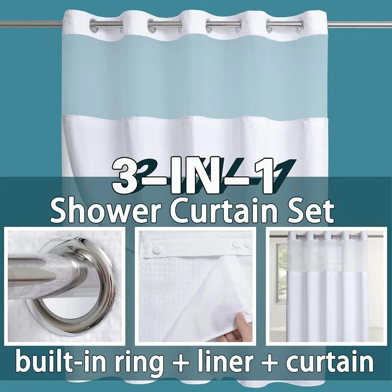 Fabric Shower Curtain Set with Snap in Line See Through Top Window, Waffle Weave Shower Curtain