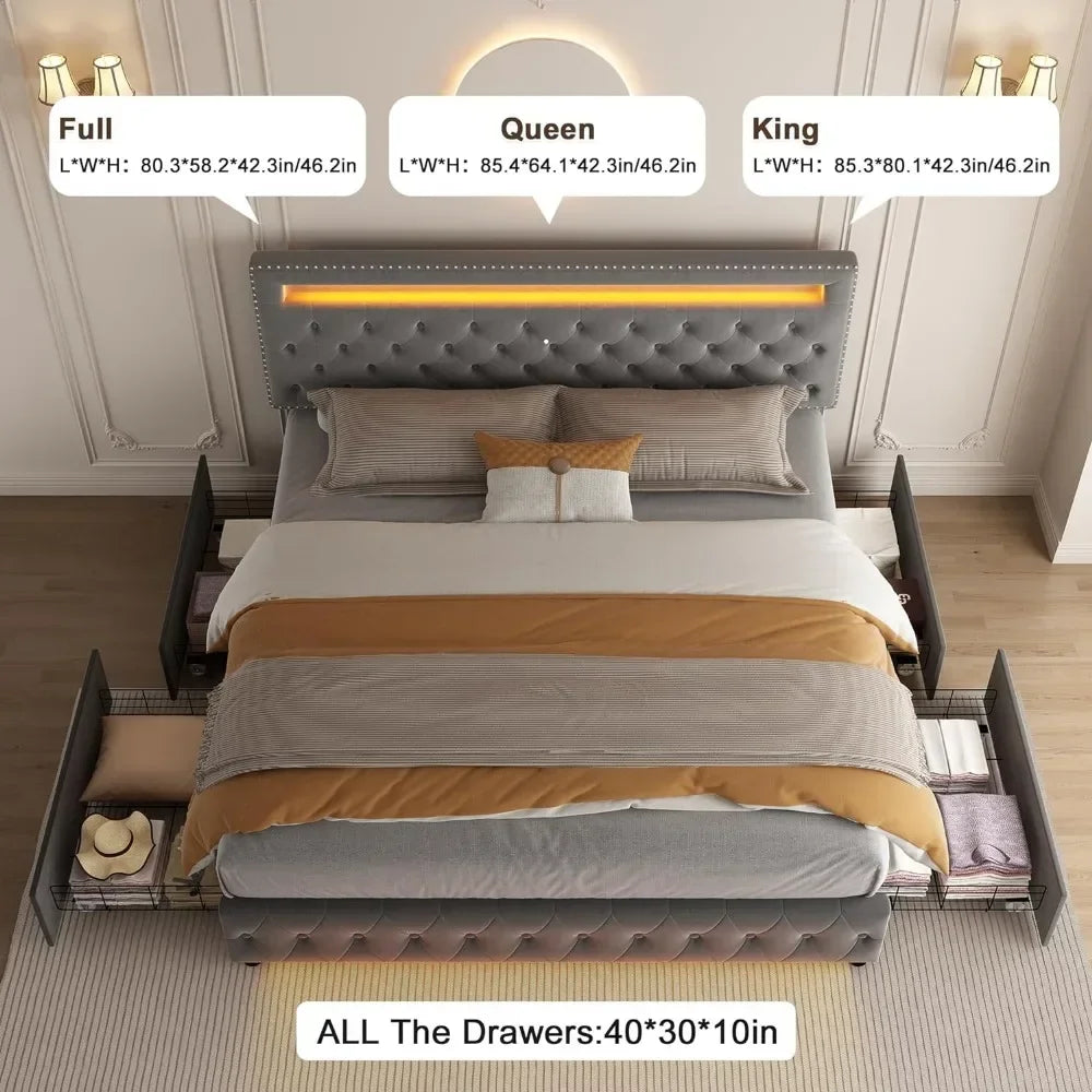 LED Queen size Bed Frame with 4 Storage Drawers, Headboard Footboard