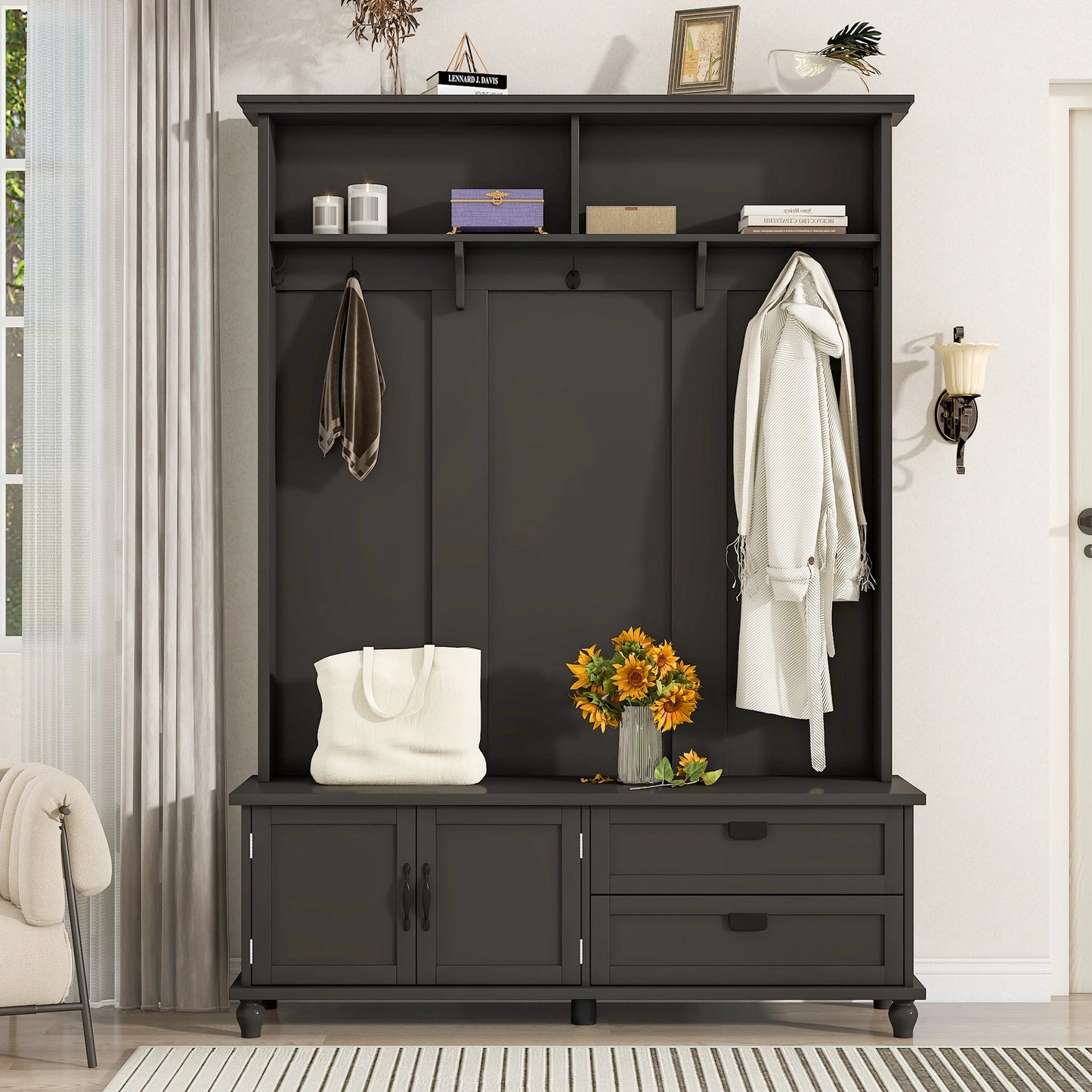 Modern Style Storage Cabinet and 2 Large Drawers, Widen bench with 5 Coat Hooks