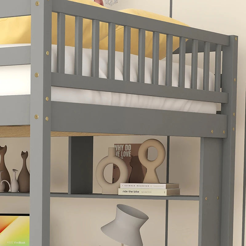 Full Size Loft Bed with Built-in Desk, Bookshelves and Storage Staircase,Grey/white