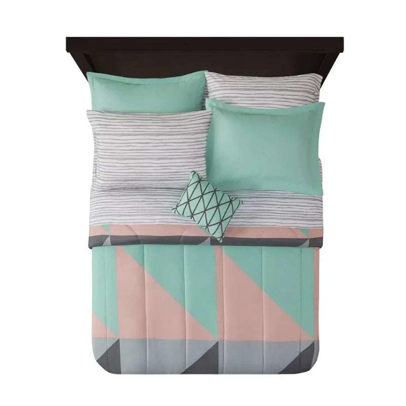 Gray and Teal Geometric 8 Piece Bed in a Bag Comforter Set With Sheets, Full