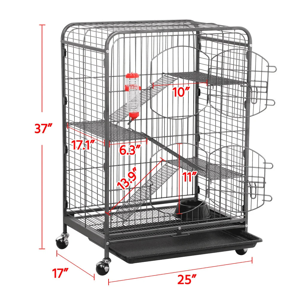 37" Rolling Ferret Cage 4-Tier Small Animals Hutch Pet Cage with Bowl & Water Bottle for Ferret Chinchilla Rabbit Rat Squirrels,