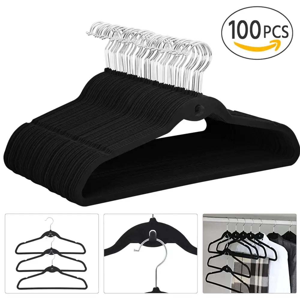 Fashion Non Slip Velvet Clothing Hangers, 100 Pack, Black