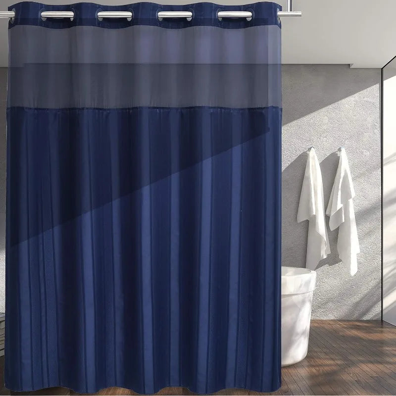 Fabric Shower Curtain Set with Snap in Line See Through Top Window, Waffle Weave Shower Curtain