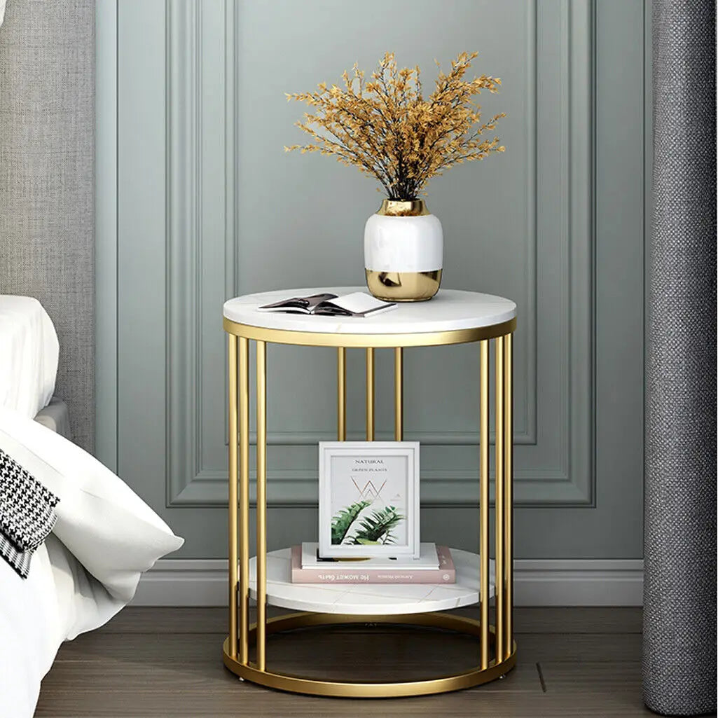 2-Tier White Marble Side Table Round Coffee Table Nightstand