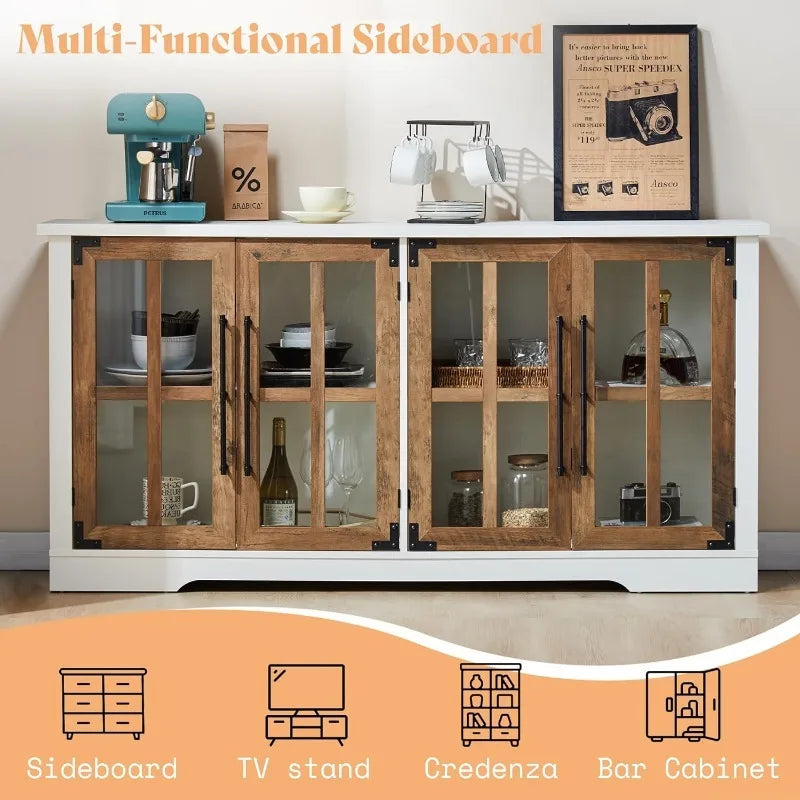 63" Buffet Sideboard Cabinet with Storage, with 4 Glass Doors & Adjustable Shelf