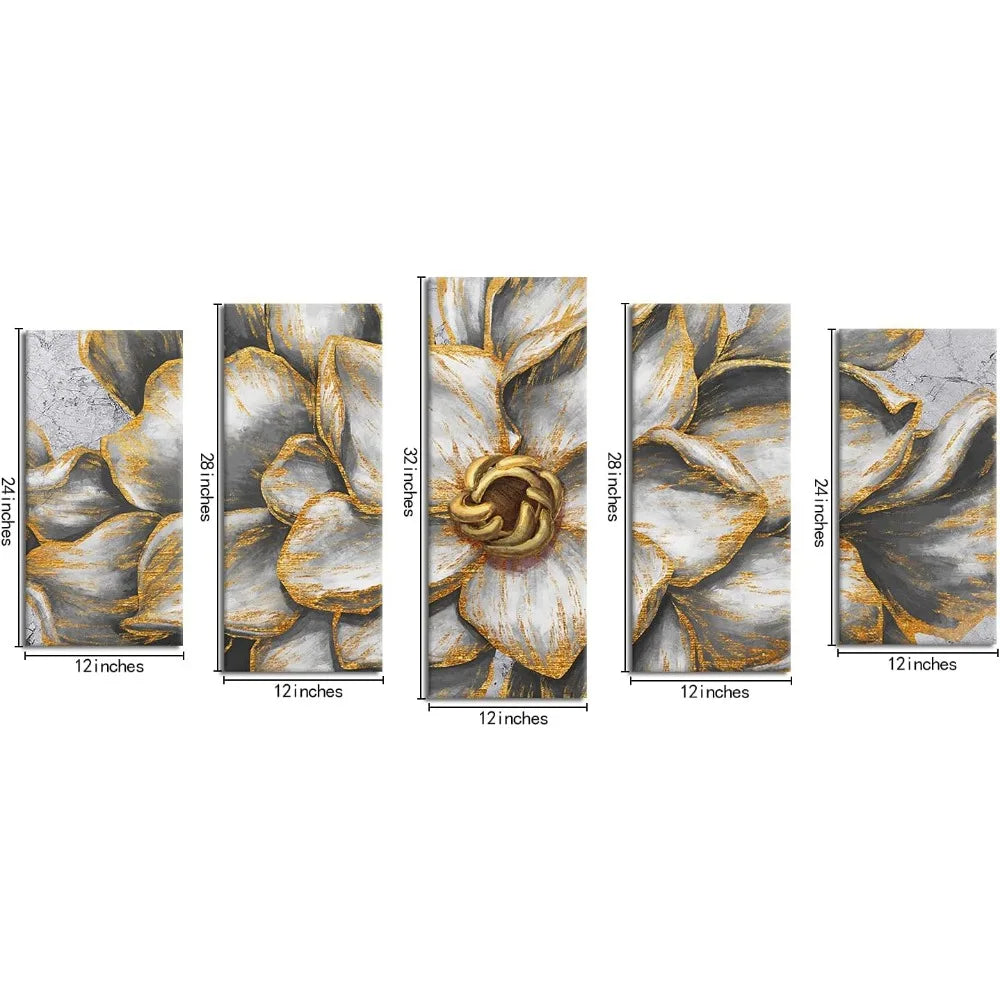 Livingroom Painting Gold Gray Flowers Vintage Abstract Elegant Print Decor Home