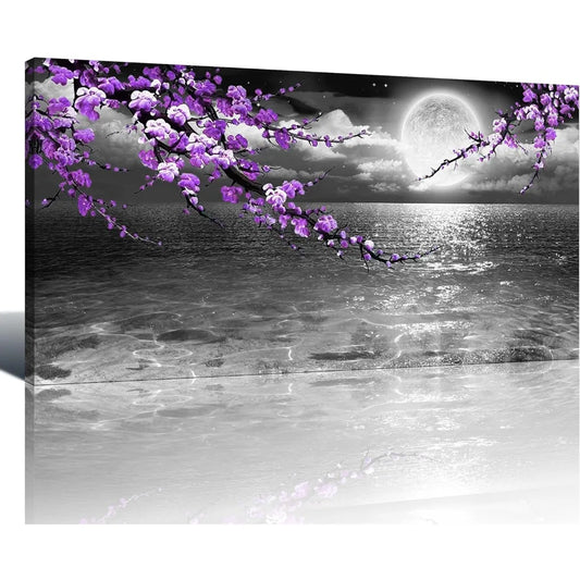 Large Purple Black and White Sea View Full Moon Purple Flower Painting Canvas