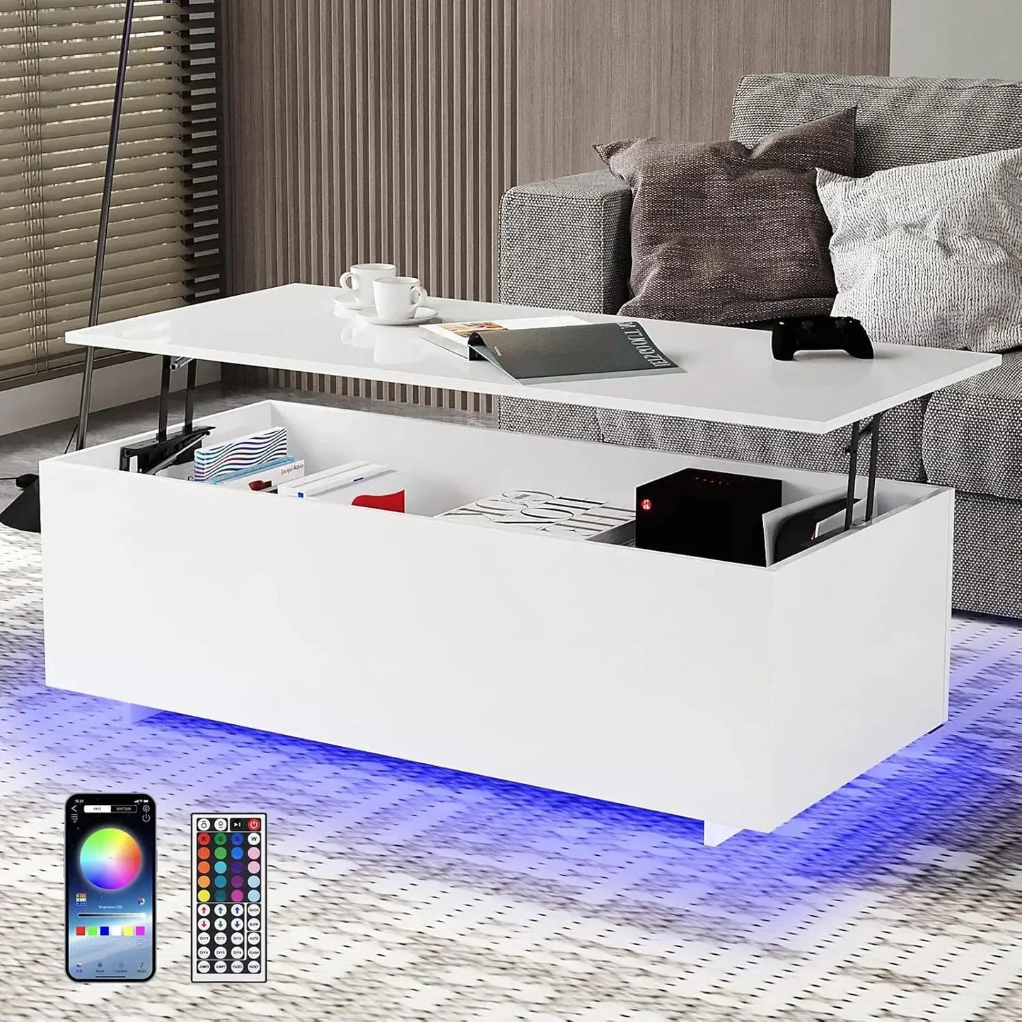 High Gloss Table with Led Lights, 20 Colors Controlled by Remote or App