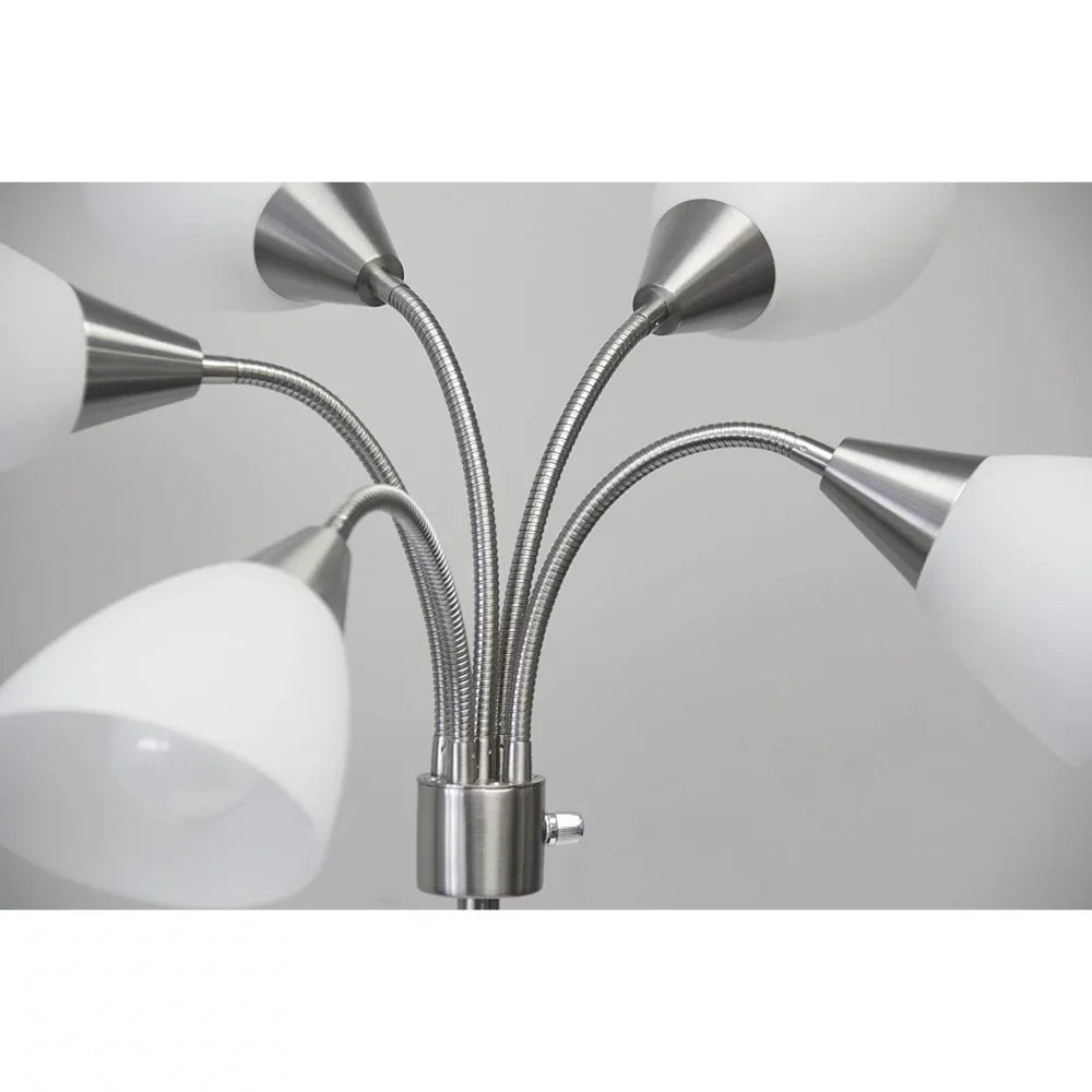 Five Light Floor Lamp, Brushed Steel, White Frosted Plastic Shade