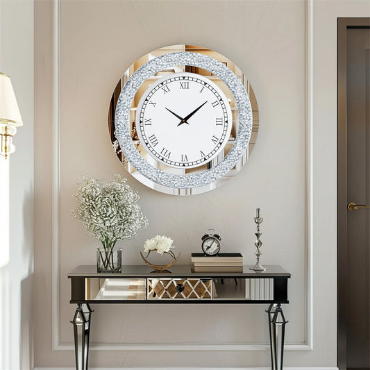 Sparkle Bling Round Diamond Wall Clock with Silver Tawny Tinted Crystal Crushed