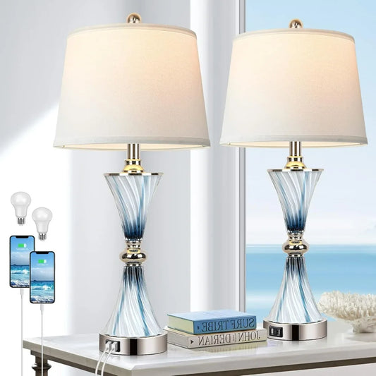 Set of 2 Blue Glass Table Lamps with 2 USB ports 3-Way Dimmable Touch