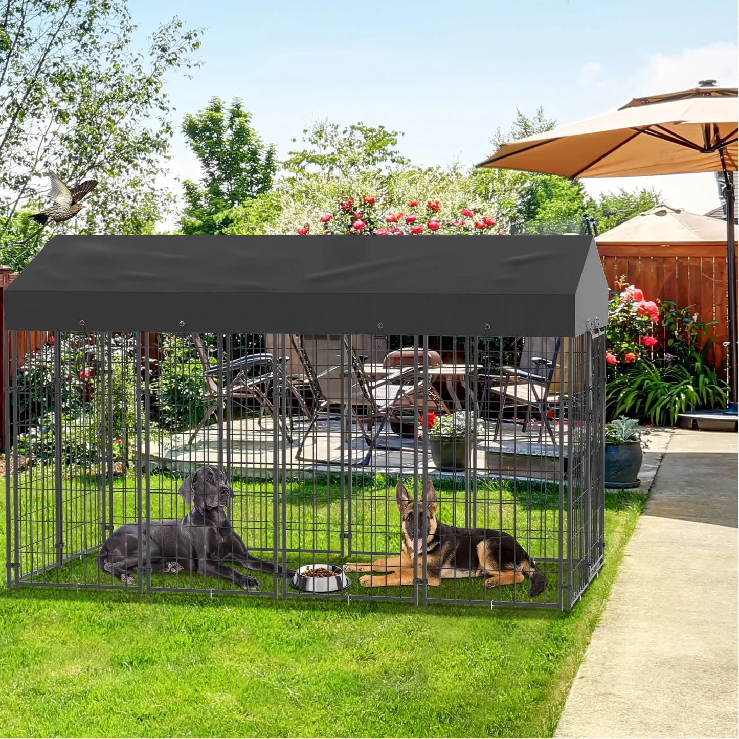 Large Dog Kennels and Runs Crates for Yard with Stakes Waterproof Cover Canopy