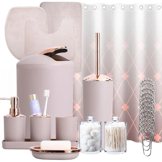 25Pcs Complete Beige Bathroom Set with Shower Curtain and Rugs