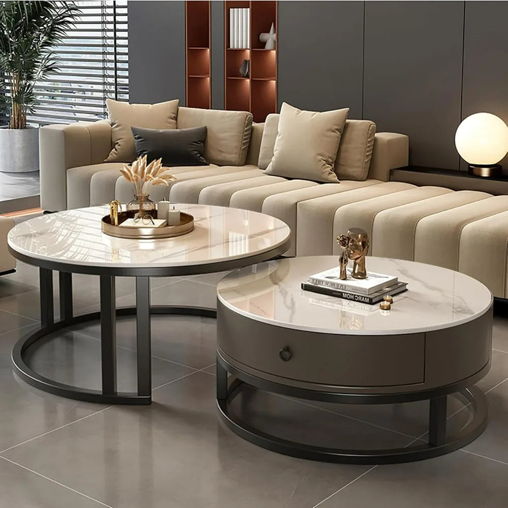 Coffee Table with drawer,round,soild wood metal frame sliding design