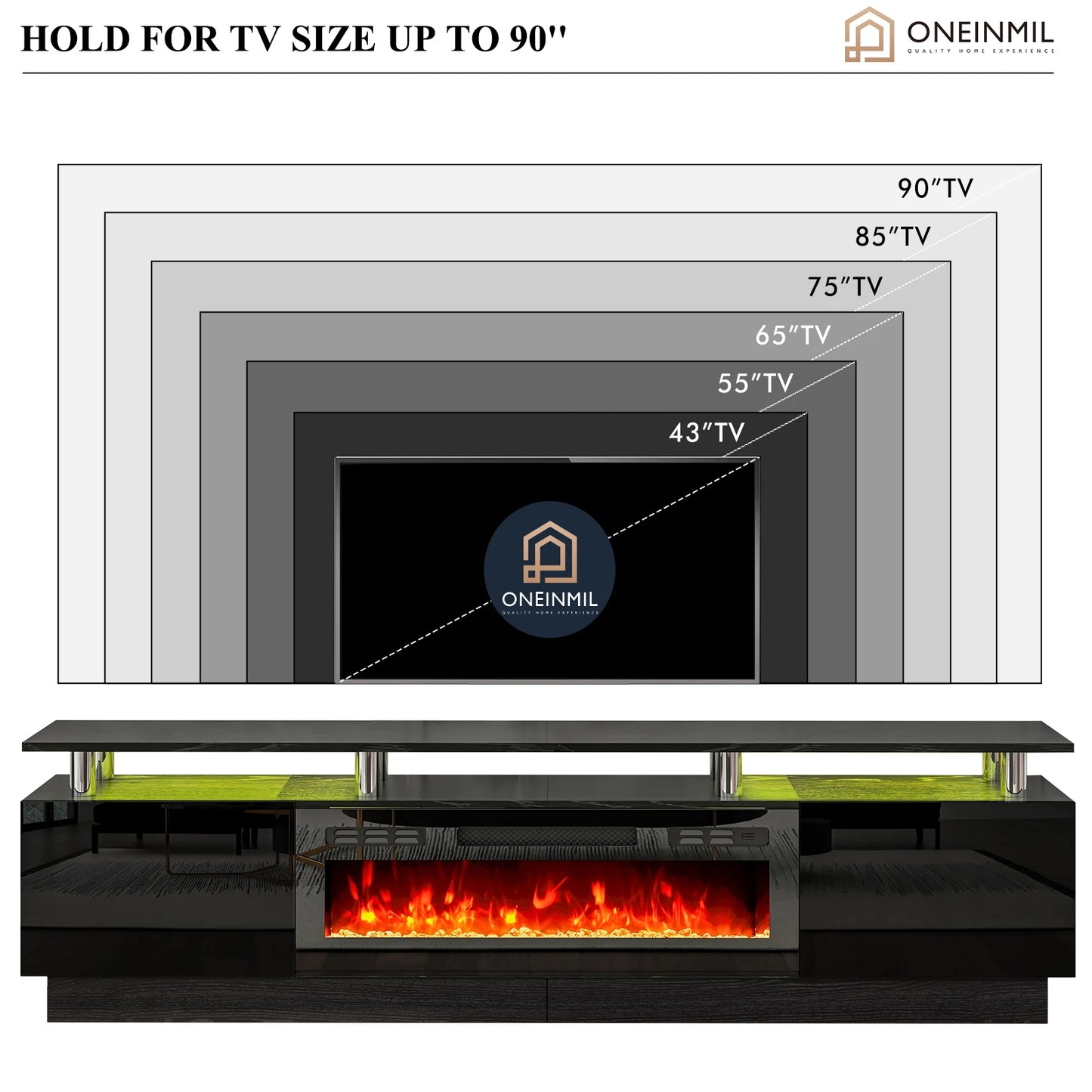 TV Stand with 36" Electric Fireplace, LED Light Entertainment Center, Modern Wood Texture Entertainment Stand, Black