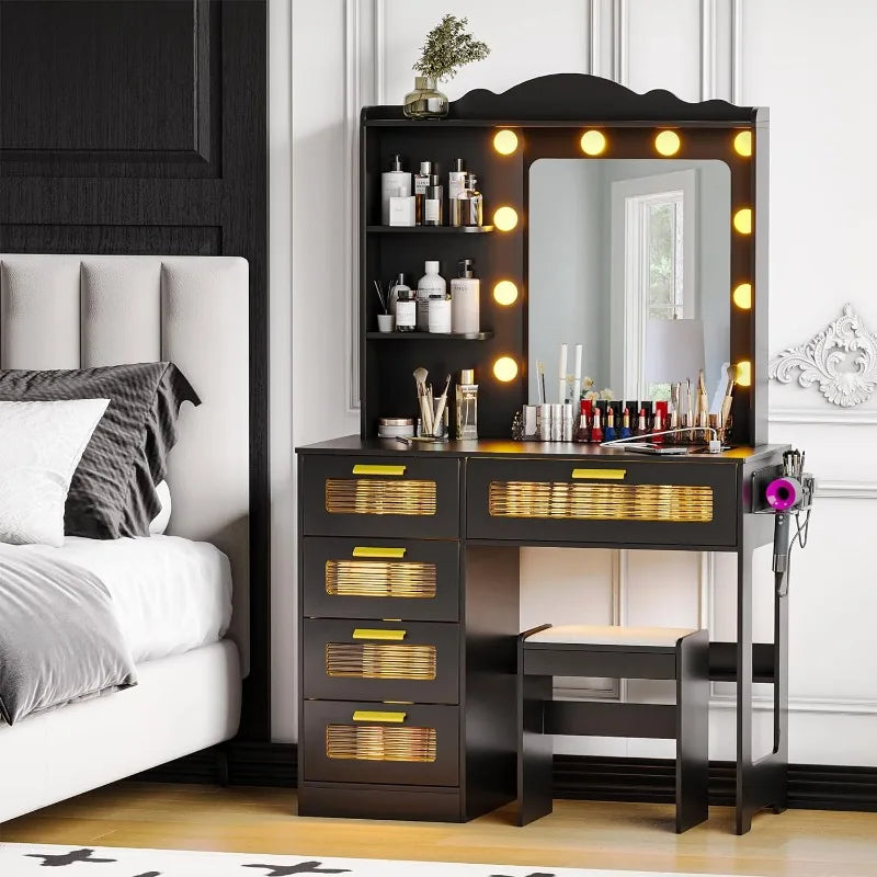 LED Makeup Vanity Table with Charging Station Drawers, Hair Dryer Rack