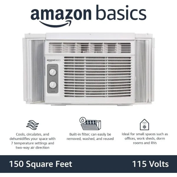 Basics Window Mounted Air Conditioner with Mechanical Control Cools 150 Square Feet, Unit, White