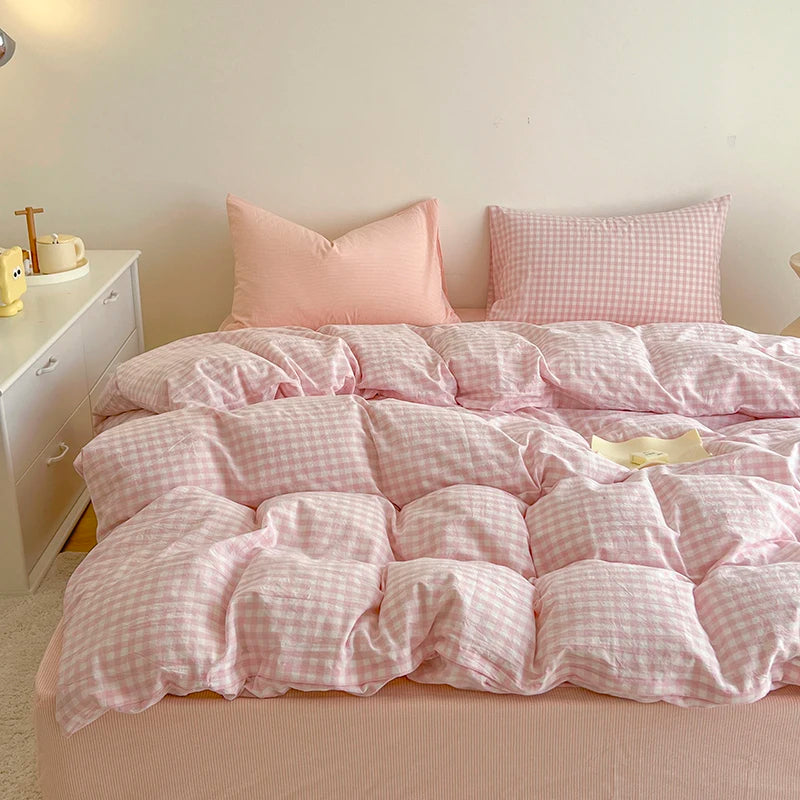 Simple Pink Stripe Bedding Set Bed Flat Sheet Pillowcase Full /Queen Bed Linen