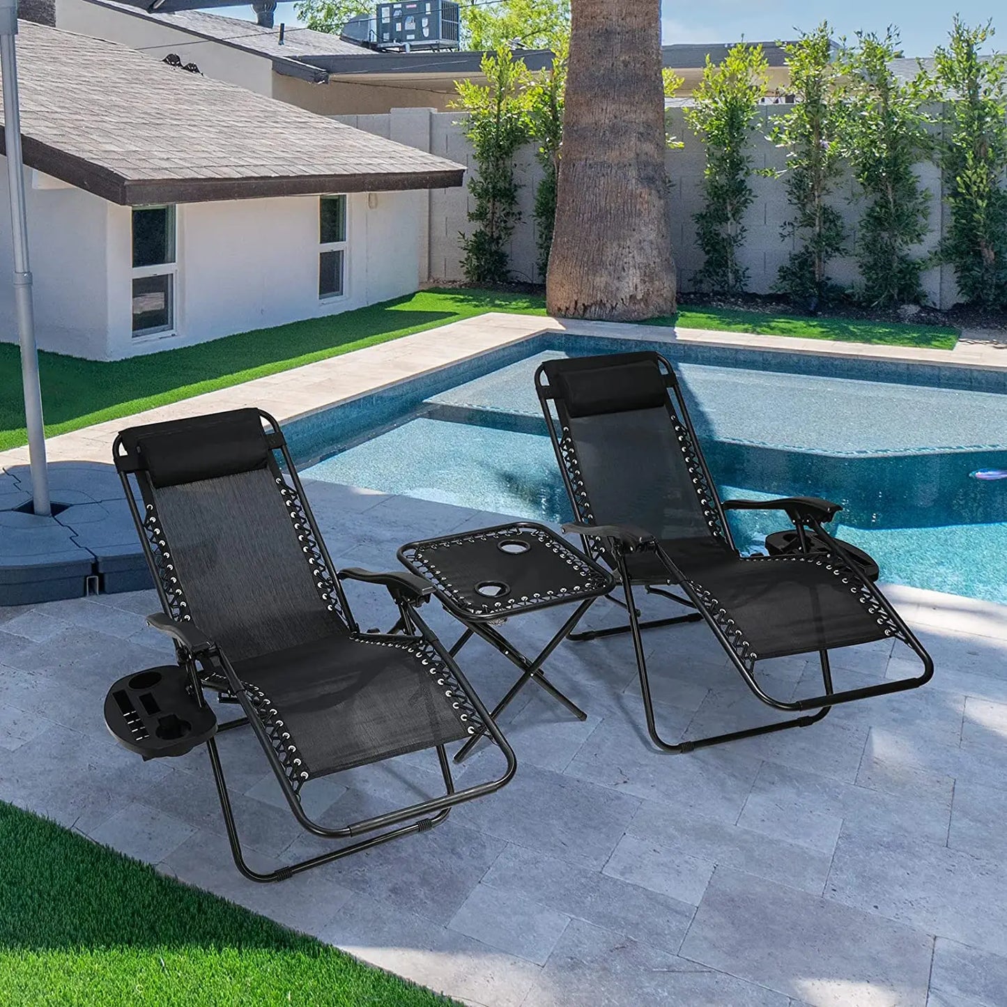 3Pcs Sun Lounger Set with Table Folding Reclining Lounge Chair