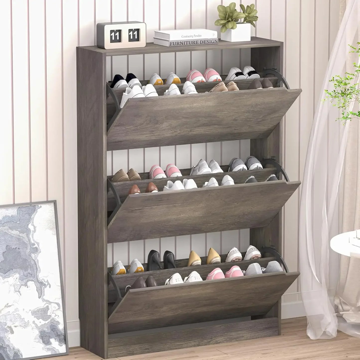 Hidden Wood Freestanding Shoe Storage Cabinet for Entryway Hallway