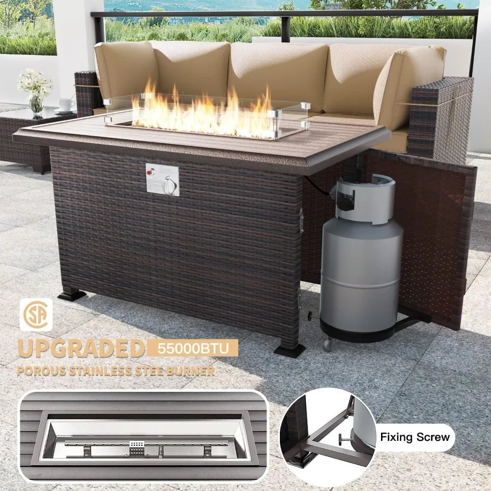 15PCS Patio Furniture Set with 43" Gas Propane Fire Pit Table PE Wicker Rattan Sectional Sofa