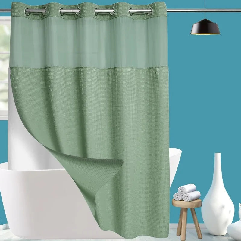 Fabric Shower Curtain Set with Snap in Line See Through Top Window, Waffle Weave Shower Curtain