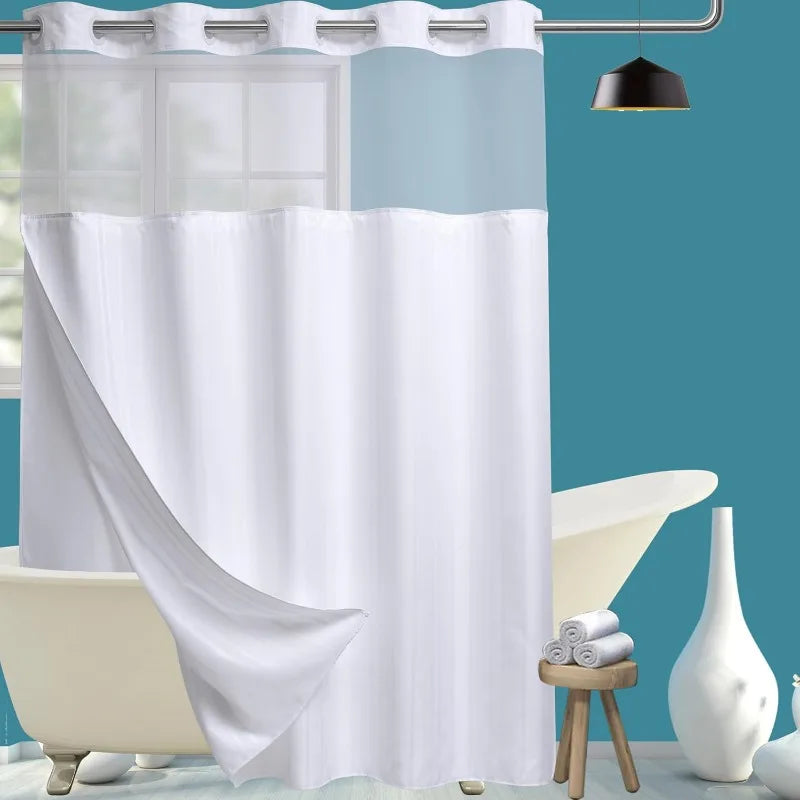 Fabric Shower Curtain Set with Snap in Line See Through Top Window, Waffle Weave Shower Curtain