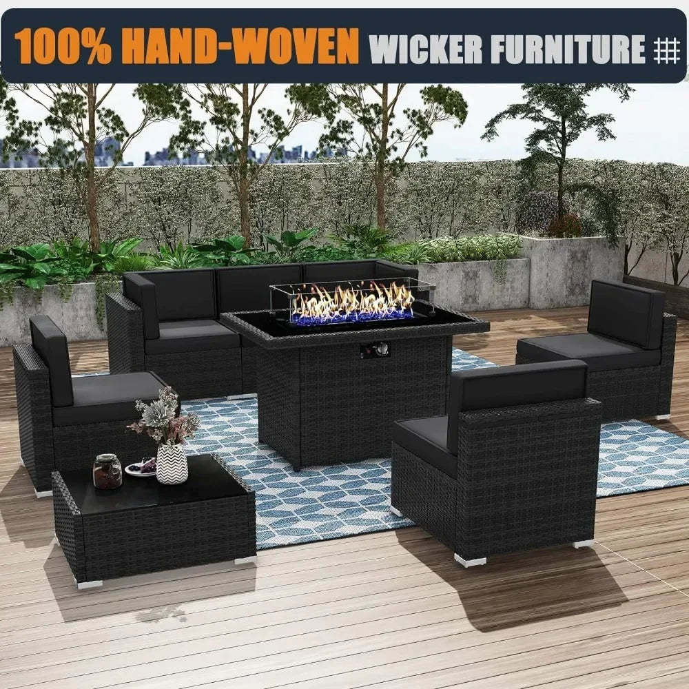 8 Piec Patio Furniture Sofa Set with 44" Propane Gas Fire Pit Table, Outdoor Sectional Black Wicker Sofa Set