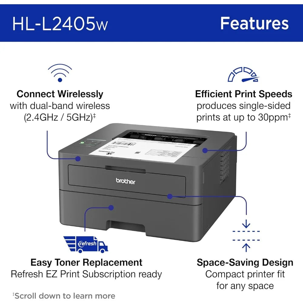 HL-L2405W Wireless Compact Laser Printer with Mobile Printing, Black & White Output