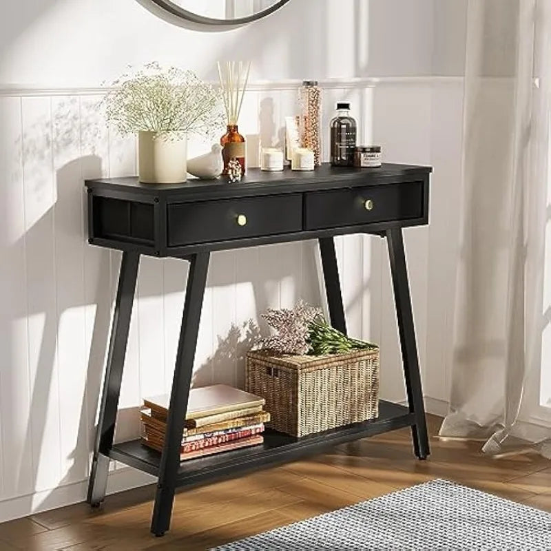 Black Narrow Entryway Table with Shelves and storage