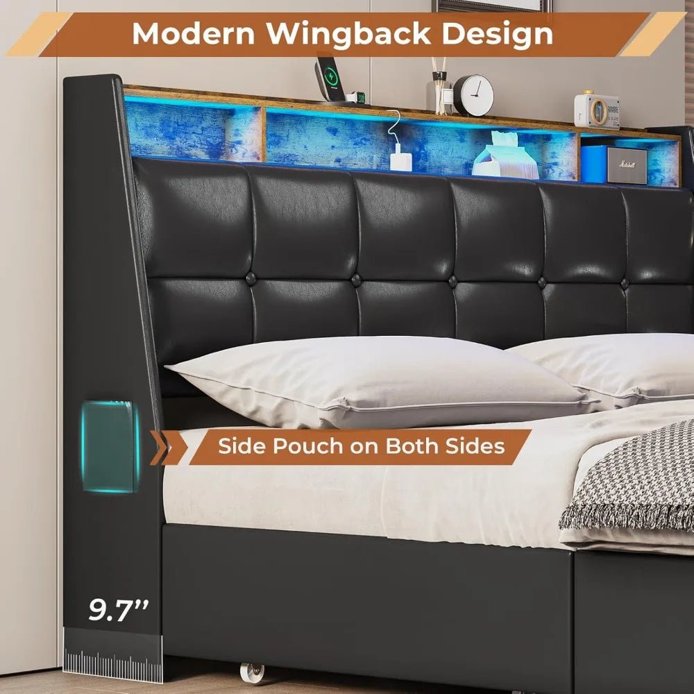 King Size Bed Frame w 4 Storage Drawers,Charging Station and LED Lights, Upholstered Bed Frame