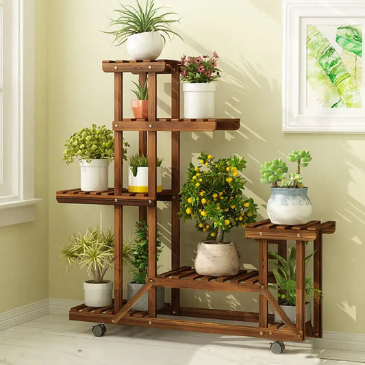 Wooden Plant Stand with Wheels Multi-Layer Rolling Plant Flower Display .