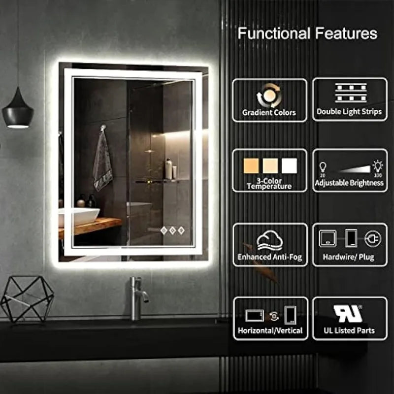 Front and Backlit LED Mirror for Bathroom,3 Colors