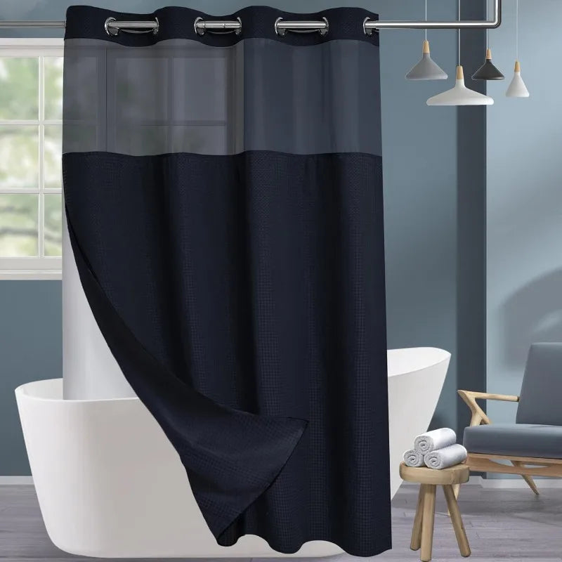 Fabric Shower Curtain Set with Snap in Line See Through Top Window, Waffle Weave Shower Curtain