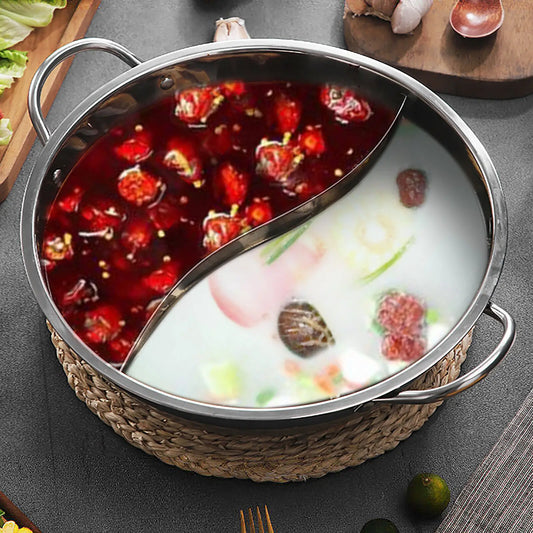 Stainless Steel Double-flavor Hot Pot Partitioned Cookware with Tempered Glass Lid
