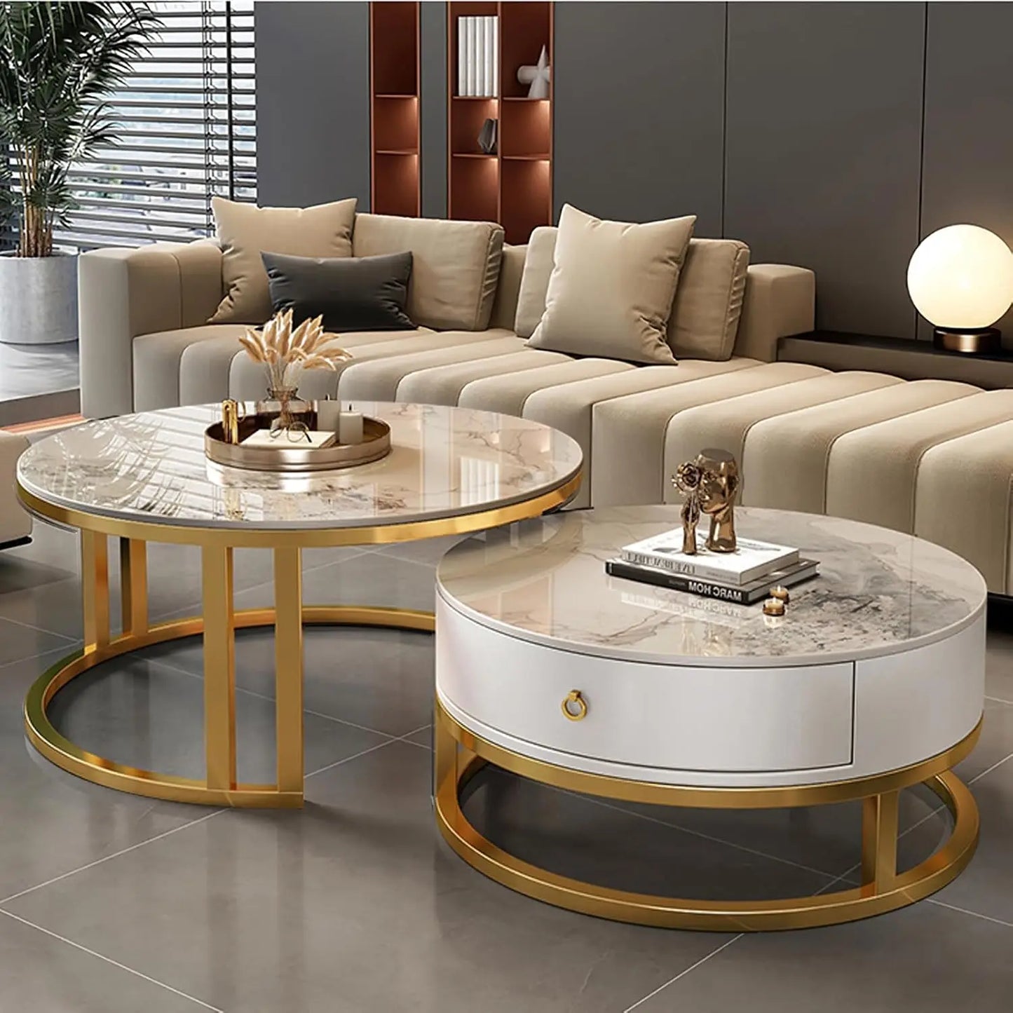 Coffee Table with drawer,round,soild wood metal frame sliding design