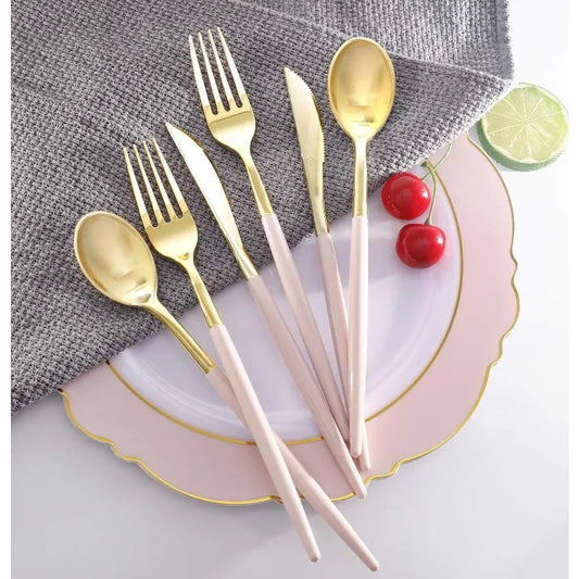 144 Pcs Gold Plastic Silverware, Disposable Flatware with Pink Handle, Gold Plastic Gold Tableware or Holidays