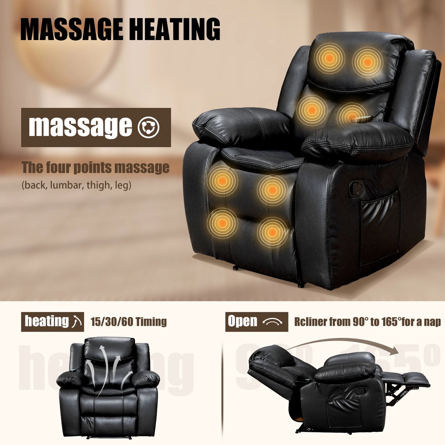 Massage Heated Recliner Chair, 37" Width Recliner Sofa