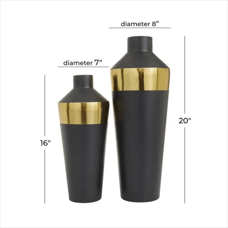 20", 16"H Black Metal Vase with Gold Band, Set of 2