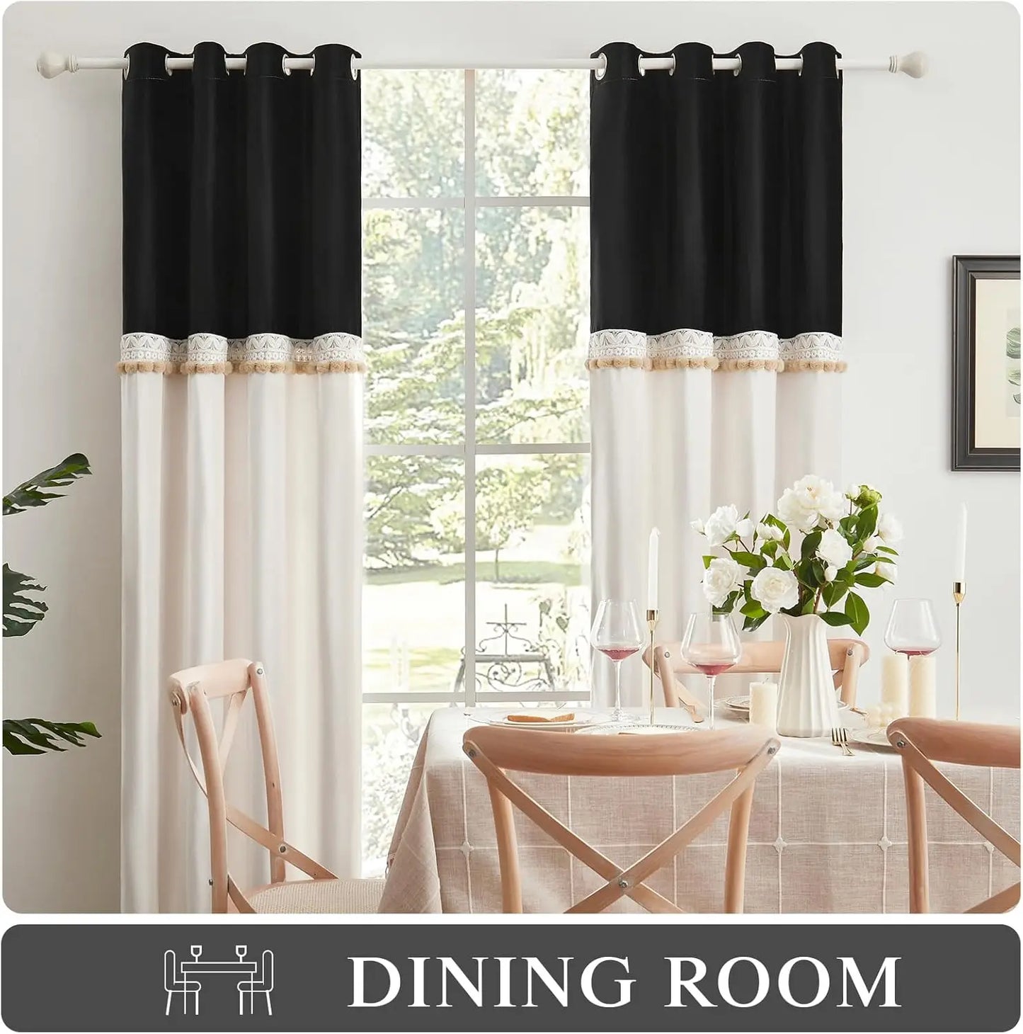 Curtains for Living Room 96 Inches Long Black Ivory 2 Panels Set