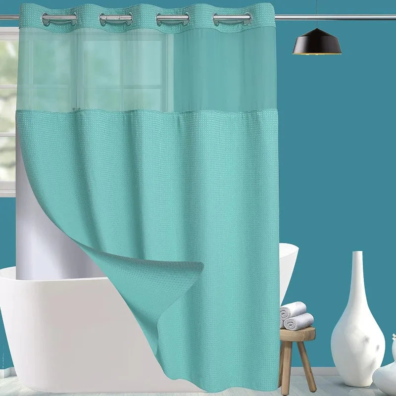 Fabric Shower Curtain Set with Snap in Line See Through Top Window, Waffle Weave Shower Curtain